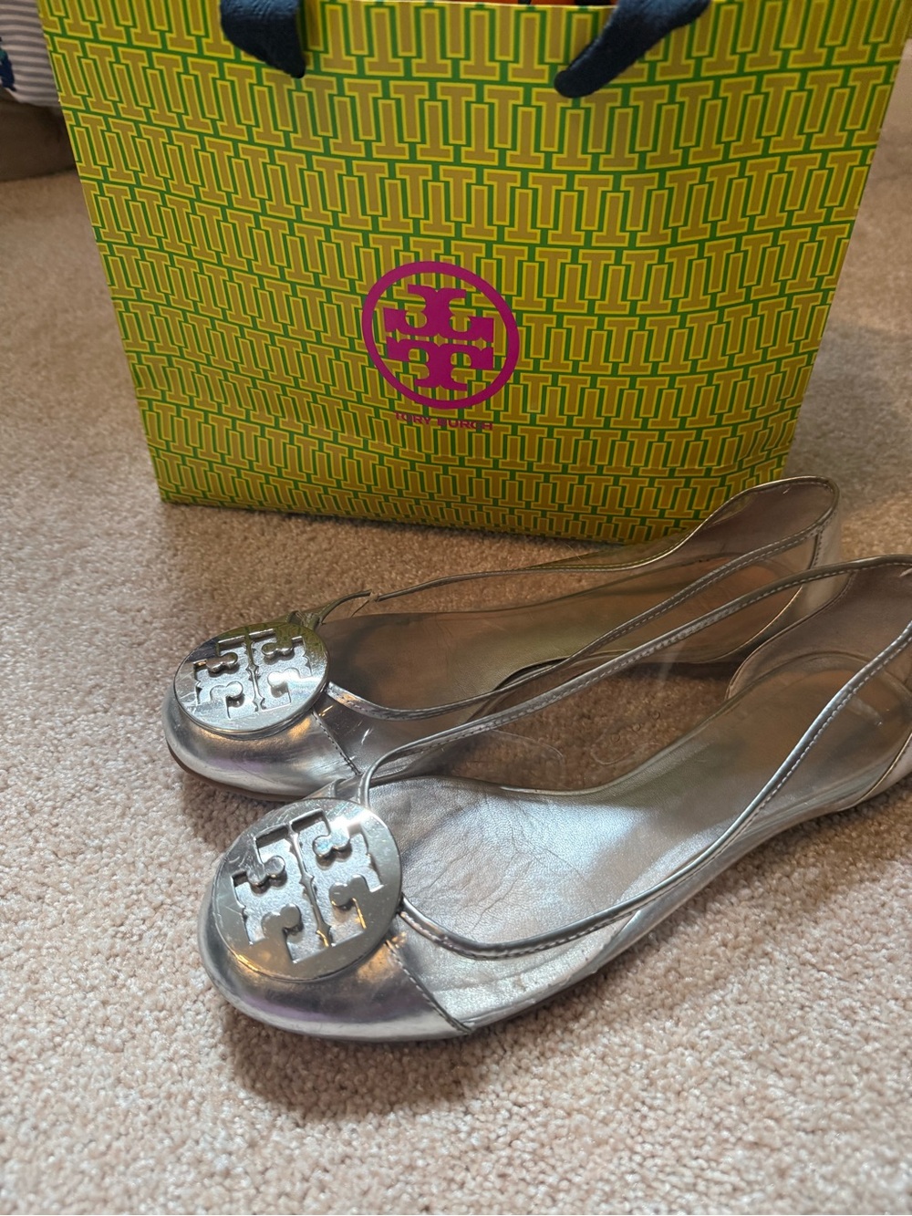 Tory Burch Metallic Silver Logo and clear sides Ballet Flats